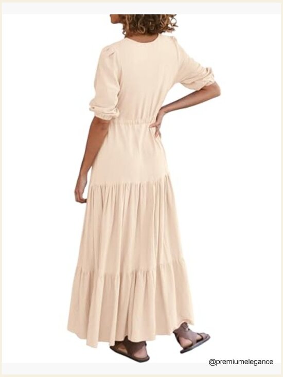 Short Sleeve V-Neck Maxi Dress with Drawstring Waist, Boho Style - Picture 2 of 7